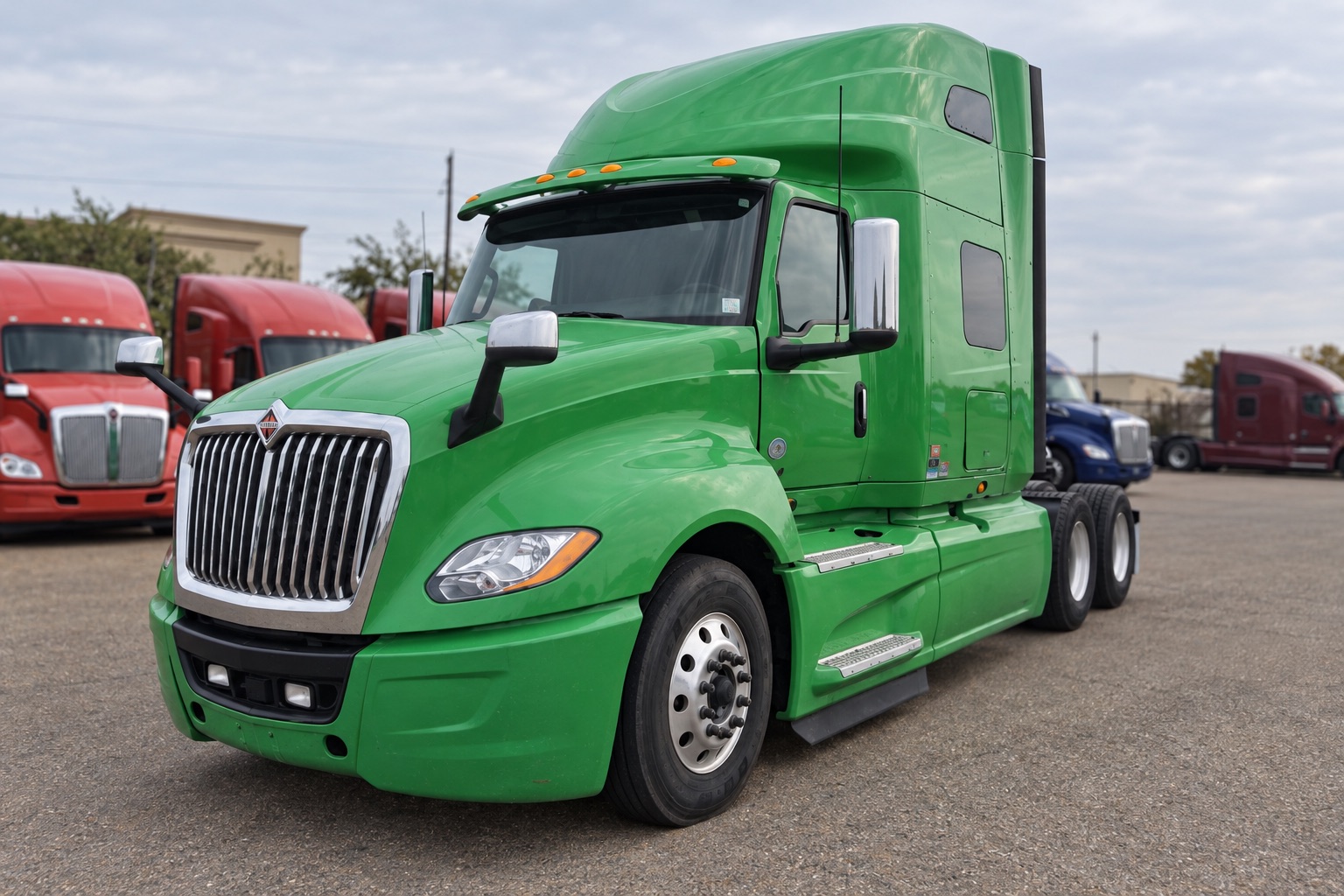Photo edited for brightness and clarity: the available green 2018 International LT tractor in its truck-yard setting